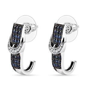 D'Joy Ceylon Sapphire and White Zircon 1.50 ctw J Hoop Buckle Earrings in Rhodium Over Sterling Silver