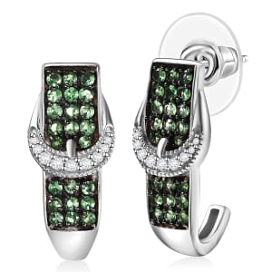Tsavorite Garnet and White Zircon 1.40 ctw J Hoop Buckle Earrings in Rhodium Over Sterling Silver