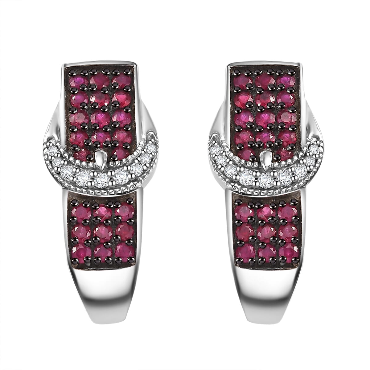 Montepuez Ruby and White Zircon 1.50 ctw J Hoop Buckle Earrings in Rhodium Over Sterling Silver image number 0