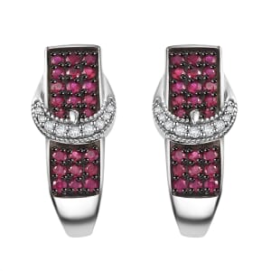 Montepuez Ruby and White Zircon 1.50 ctw J Hoop Buckle Earrings in Rhodium Over Sterling Silver