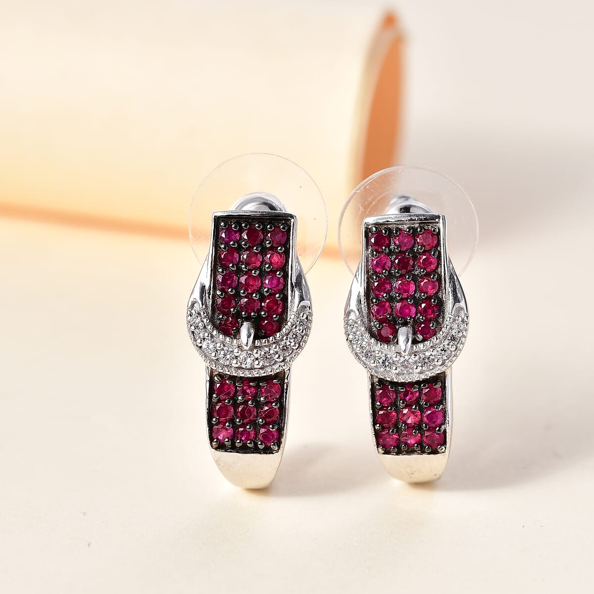 Montepuez Ruby and White Zircon 1.50 ctw J Hoop Buckle Earrings in Rhodium Over Sterling Silver image number 1