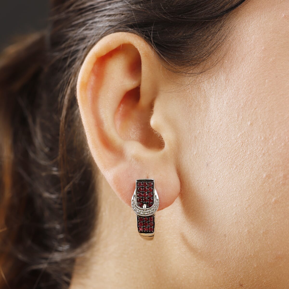 Montepuez Ruby and White Zircon 1.50 ctw J Hoop Buckle Earrings in Rhodium Over Sterling Silver image number 2