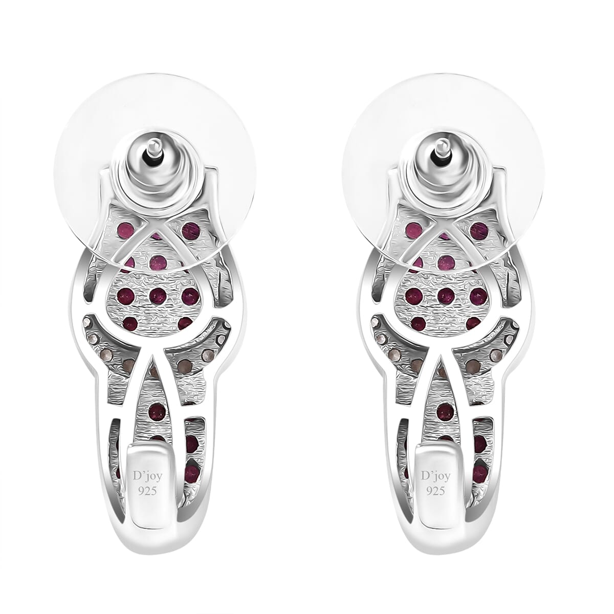 Montepuez Ruby and White Zircon 1.50 ctw J Hoop Buckle Earrings in Rhodium Over Sterling Silver image number 3