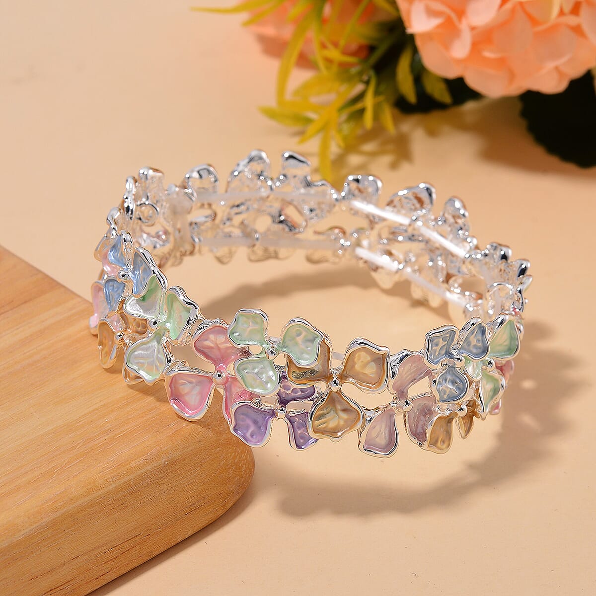 Multi Color Enameled Floral Bracelet in Silvertone (7.00 In) image number 1