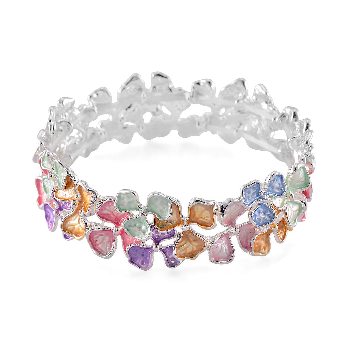 Multi Color Enameled Floral Bracelet in Silvertone (7.00 In) image number 2