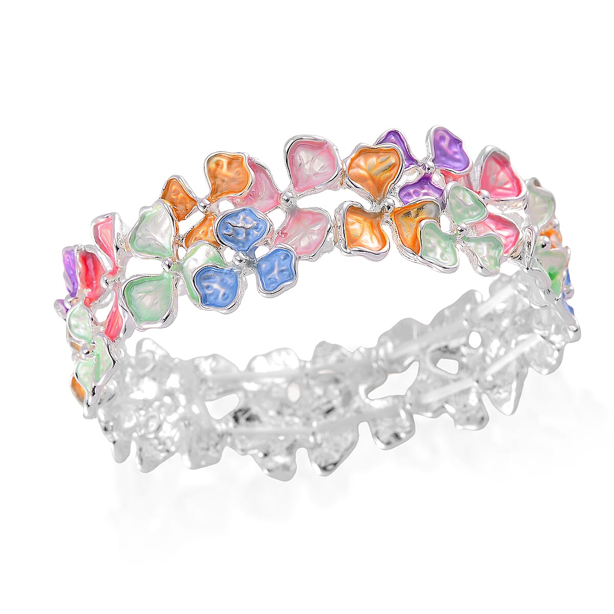 Multi Color Enameled Floral Bracelet in Silvertone (7.00 In) image number 3