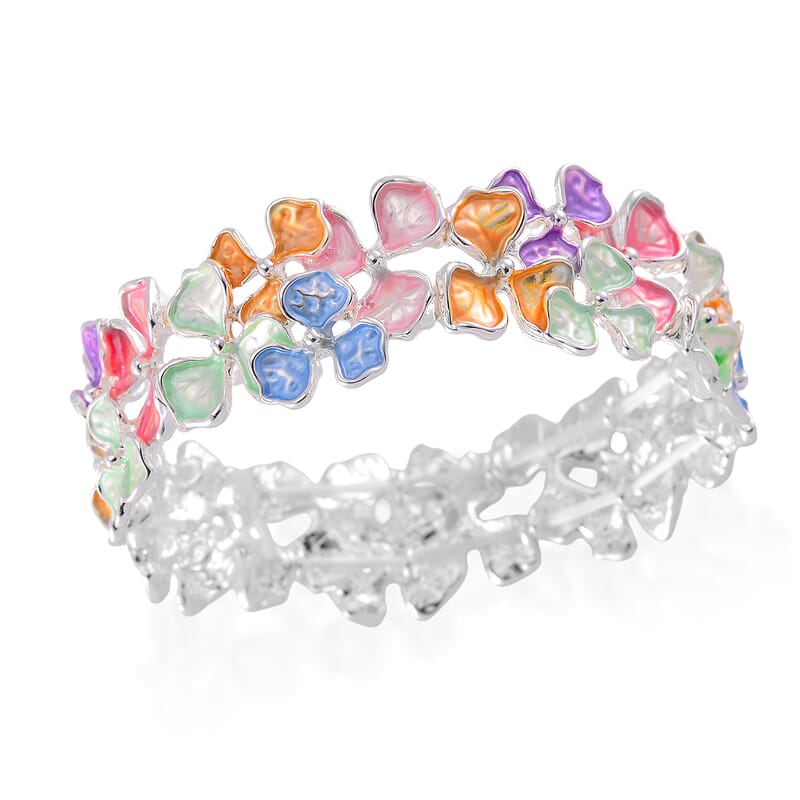 Multi Color Enameled Floral Bracelet in Silvertone (7.00 In)