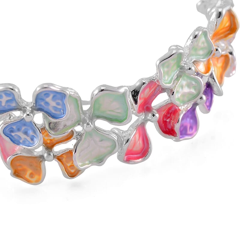 Multi Color Enameled Floral Bracelet in Silvertone (7.00 In)