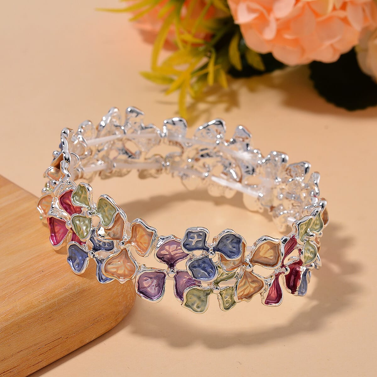Multi Color Enameled Floral Bracelet in Silvertone (7.00 In) image number 1