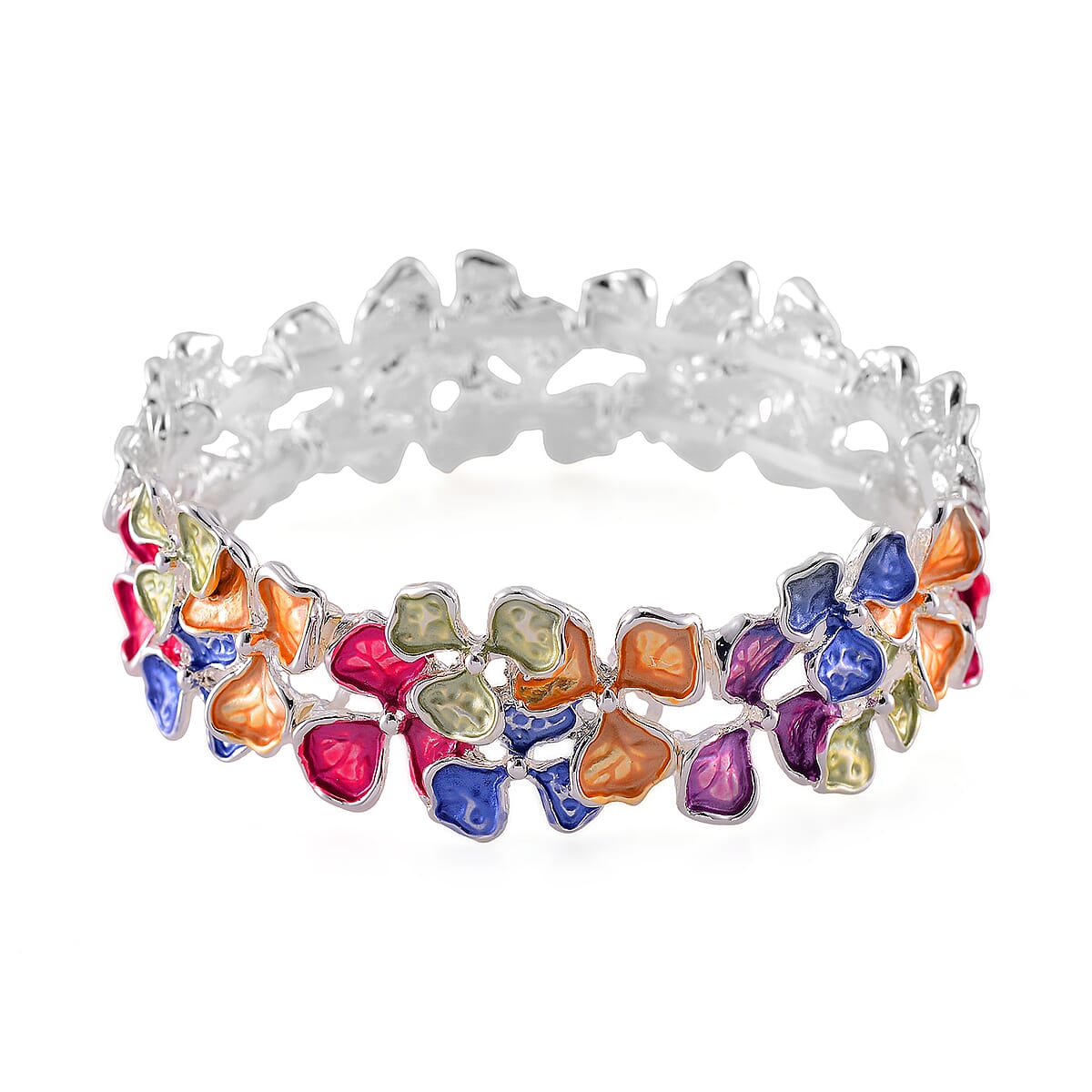 Multi Color Enameled Floral Bracelet in Silvertone (7.00 In) image number 2