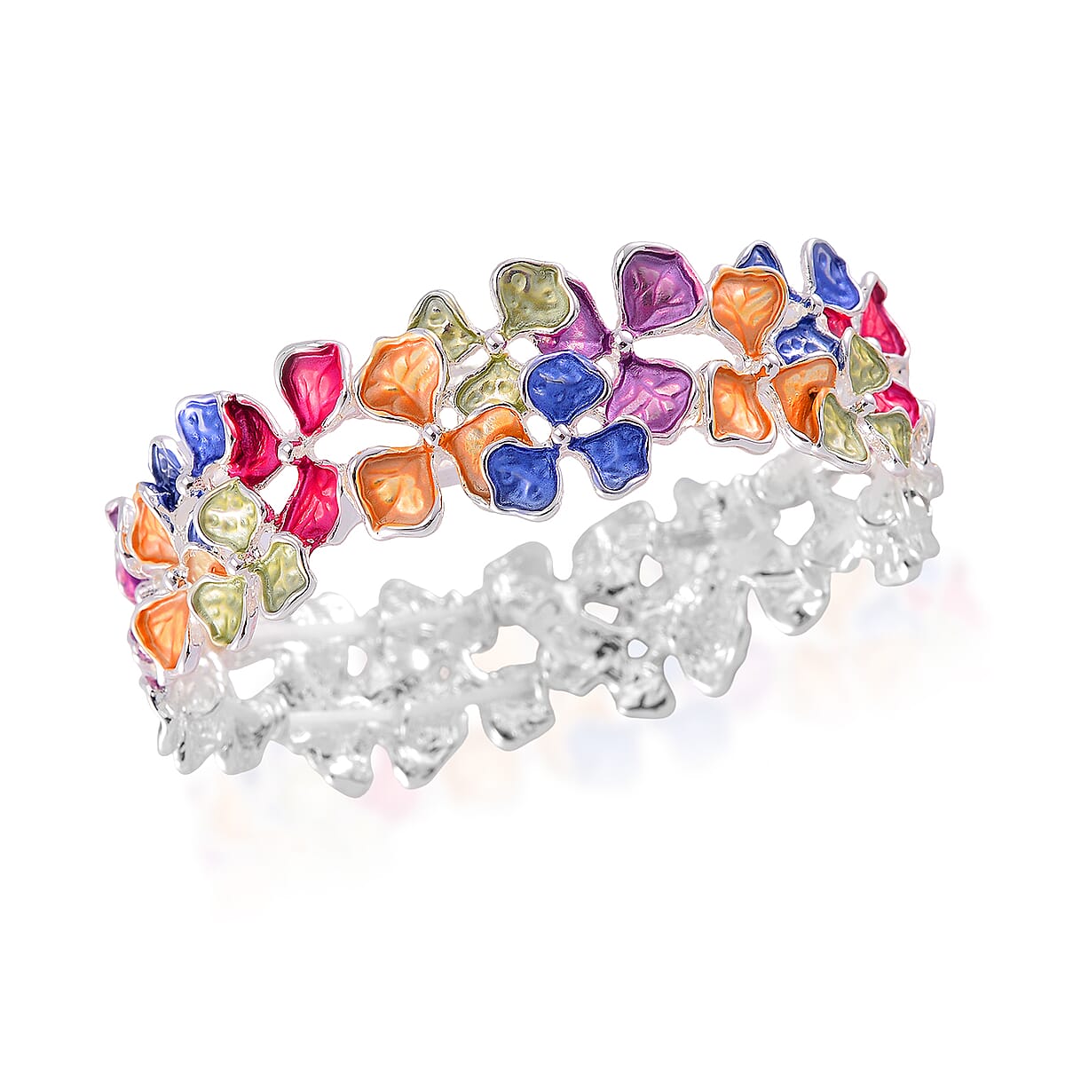 Multi Color Enameled Floral Bracelet in Silvertone (7.00 In) image number 3