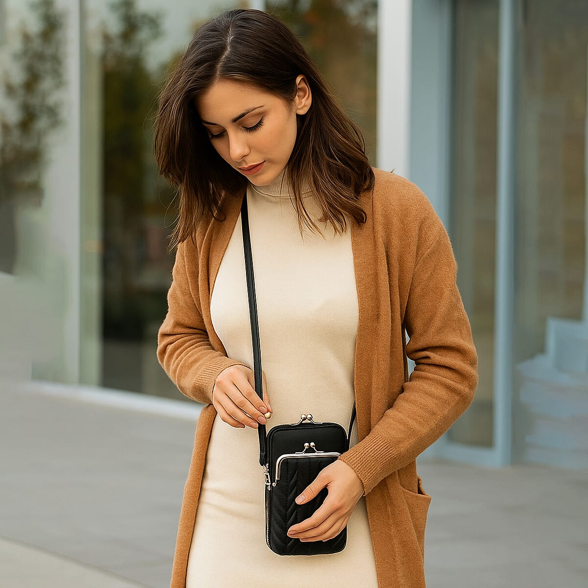 Black Faux Leather Crossbody Cell Phone Bag image number 2