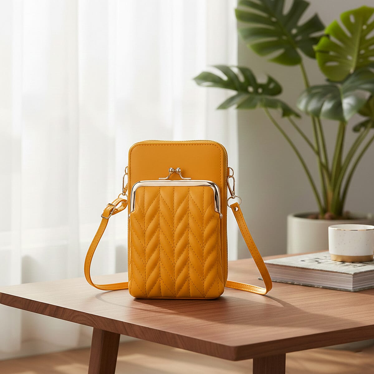 Yellow Faux Leather Crossbody Cell Phone Bag image number 1