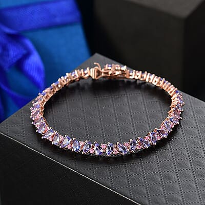 D'Joy Tanzanite and Madagascar Pink Sapphire 7.75 ctw Art Deco Bracelet in 18K Vermeil Rose Gold Over Sterling Silver (6.50 In)