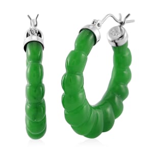 Green Jade 45.00 ctw Carved Scalloped Earrings in Rhodium Over Sterling Silver