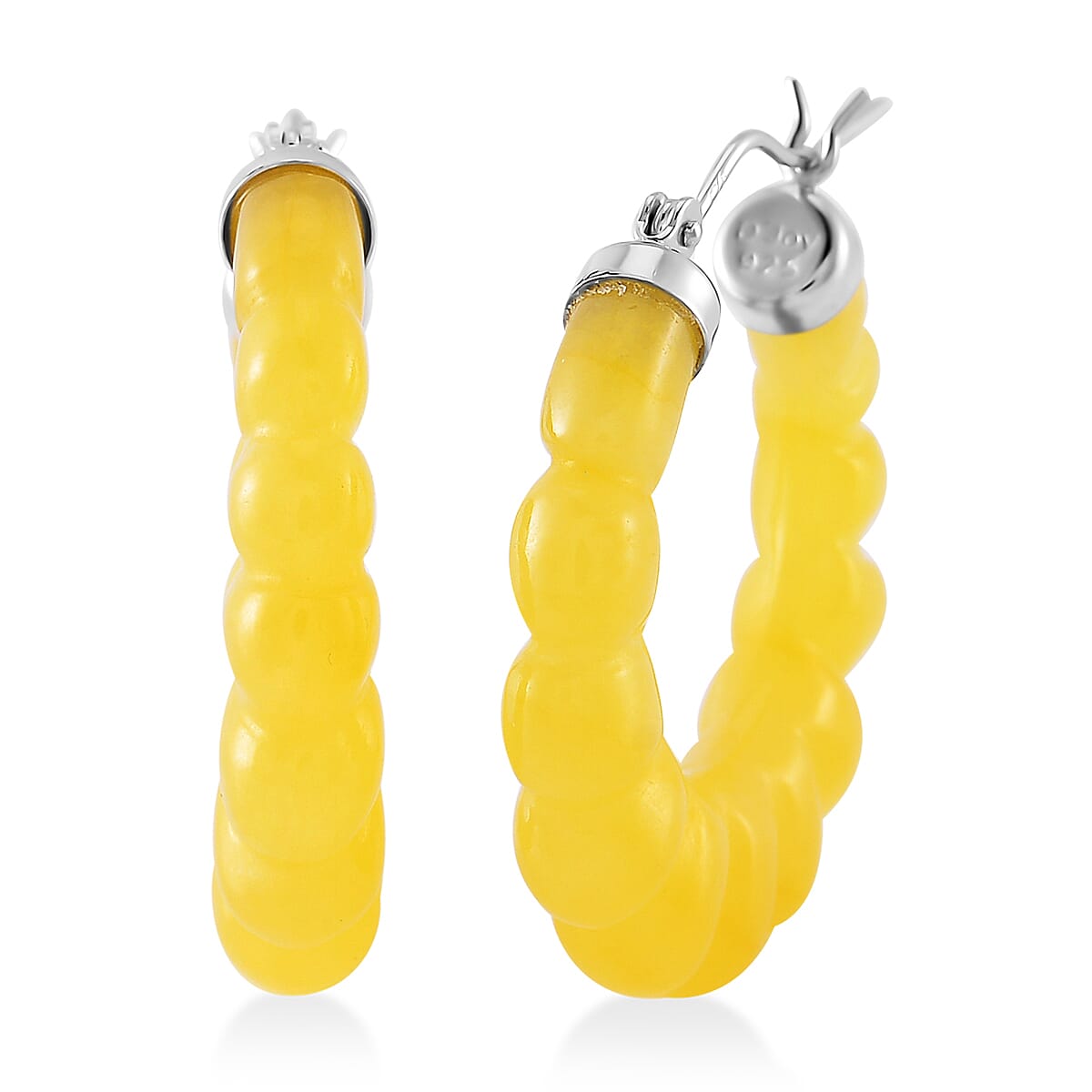 Honey Jade 45.00 ctw Carved Scalloped Earrings in Rhodium Over Sterling Silver image number 0