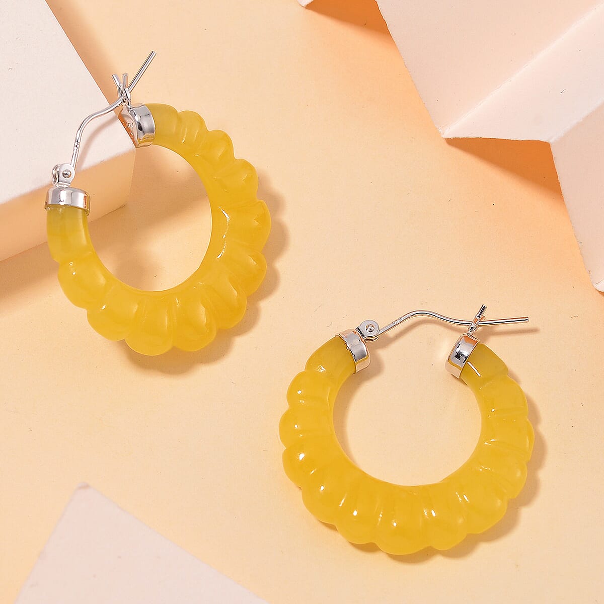 Honey Jade 45.00 ctw Carved Scalloped Earrings in Rhodium Over Sterling Silver image number 1