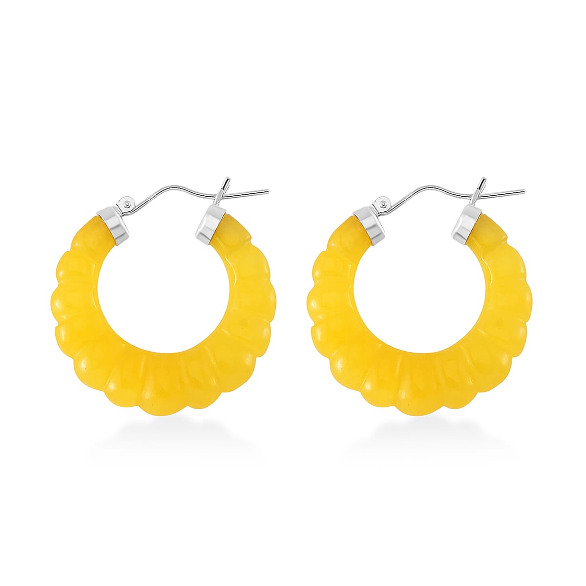 Honey Jade 45.00 ctw Carved Scalloped Earrings in Rhodium Over Sterling Silver image number 3