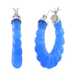 Blue Jade (D) 45.00 ctw Carved Scalloped Earrings in Rhodium Over Sterling Silver