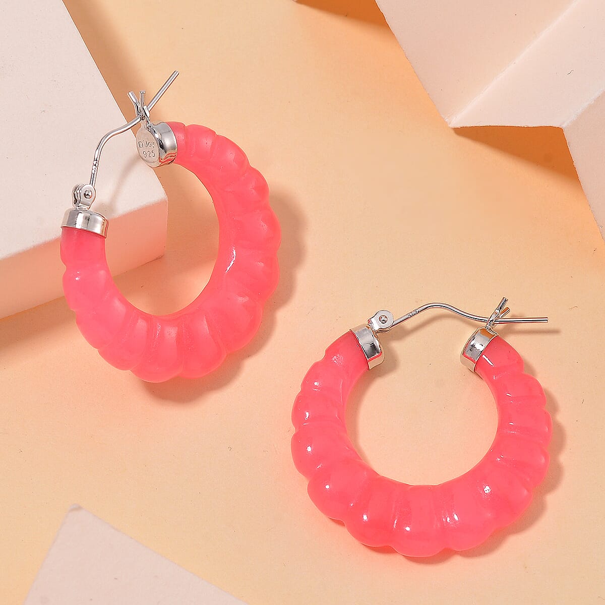 Pink Jade (D) 45.00 ctw Carved Scalloped Earrings in Rhodium Over Sterling Silver image number 1