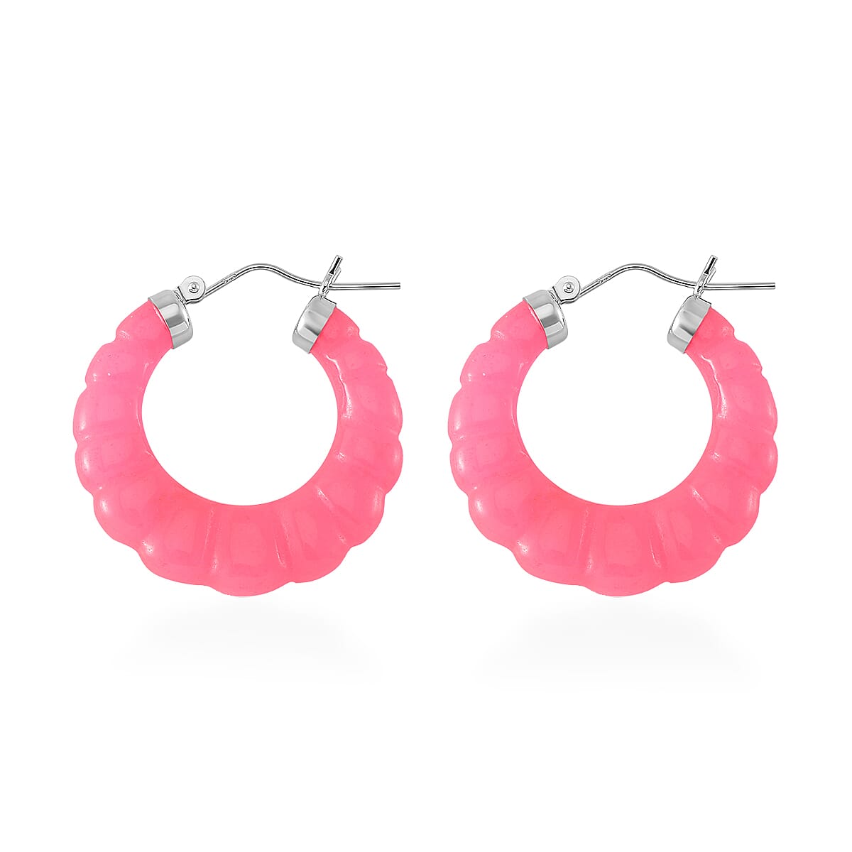 Pink Jade (D) 45.00 ctw Carved Scalloped Earrings in Rhodium Over Sterling Silver image number 3