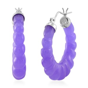 Purple Jade (D) 45.00 ctw Carved Scalloped Earrings in Rhodium Over Sterling Silver