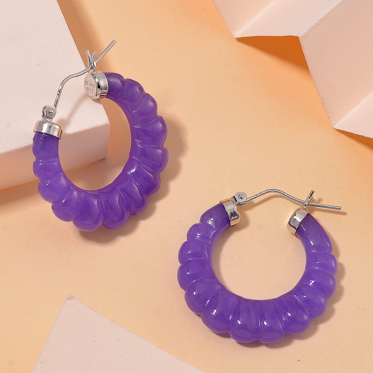 Purple Jade (D) 45.00 ctw Carved Scalloped Earrings in Rhodium Over Sterling Silver image number 1