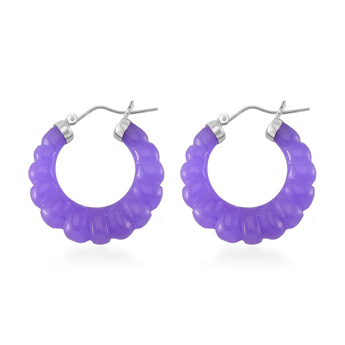 Purple Jade (D) 45.00 ctw Carved Scalloped Earrings in Rhodium Over Sterling Silver image number 3