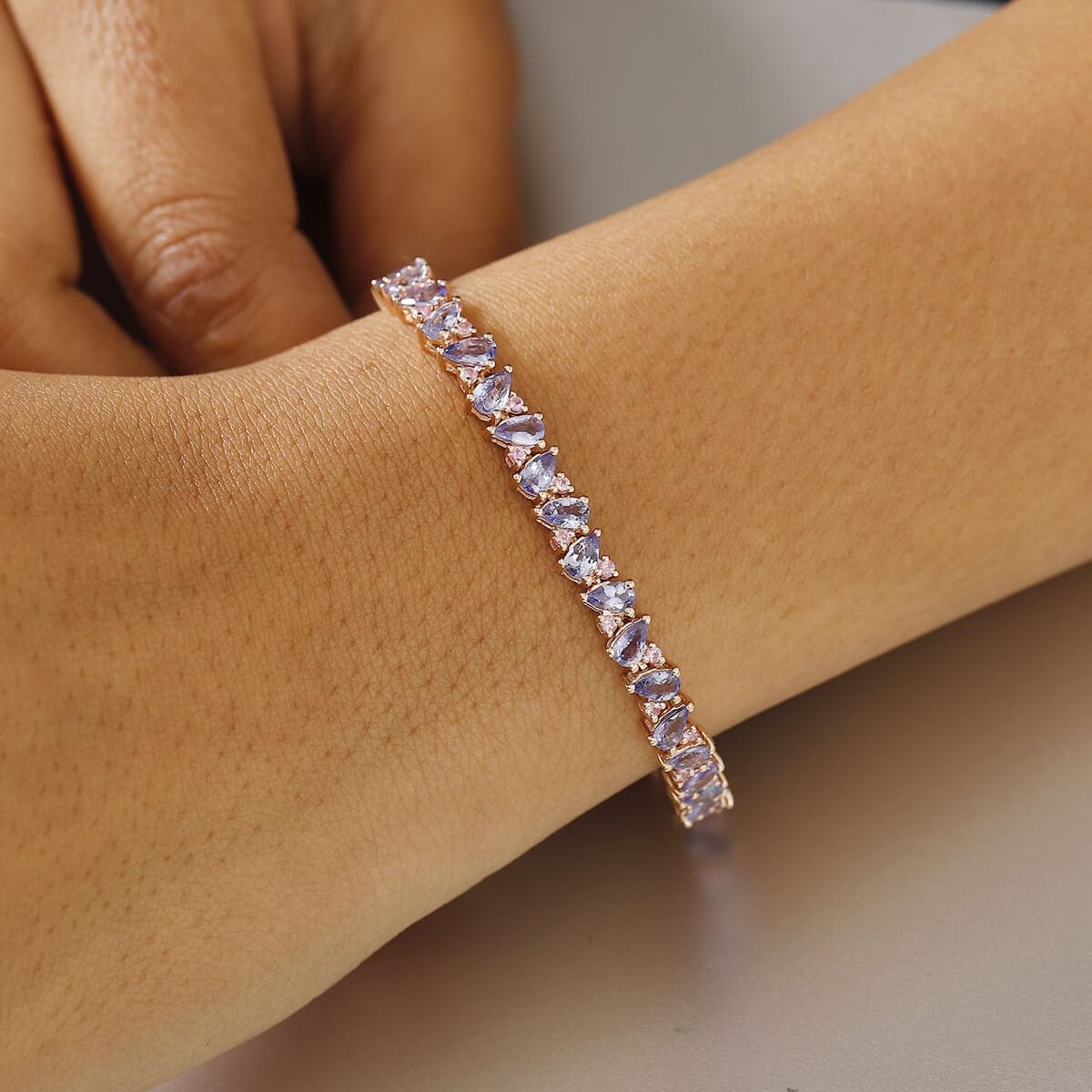 Tanzanite and Madagascar Pink Sapphire 9.75 ctw Art Deco Bracelet in 18K Vermeil Rose Gold Over Sterling Silver (8.00 In) image number 2
