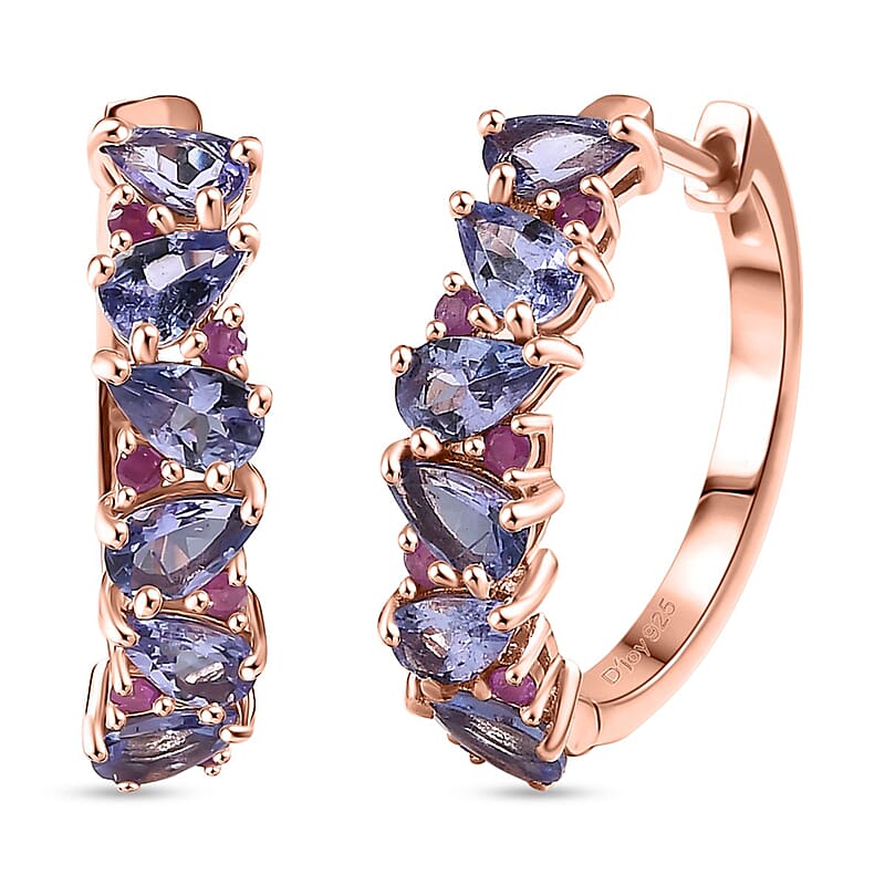 D'Joy Tanzanite and Madagascar Pink Sapphire 2.65 ctw Art Deco Earrings in 18K Vermeil Rose Gold Over Sterling Silver