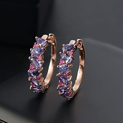 D'Joy Tanzanite and Madagascar Pink Sapphire 2.65 ctw Art Deco Earrings in 18K Vermeil Rose Gold Over Sterling Silver