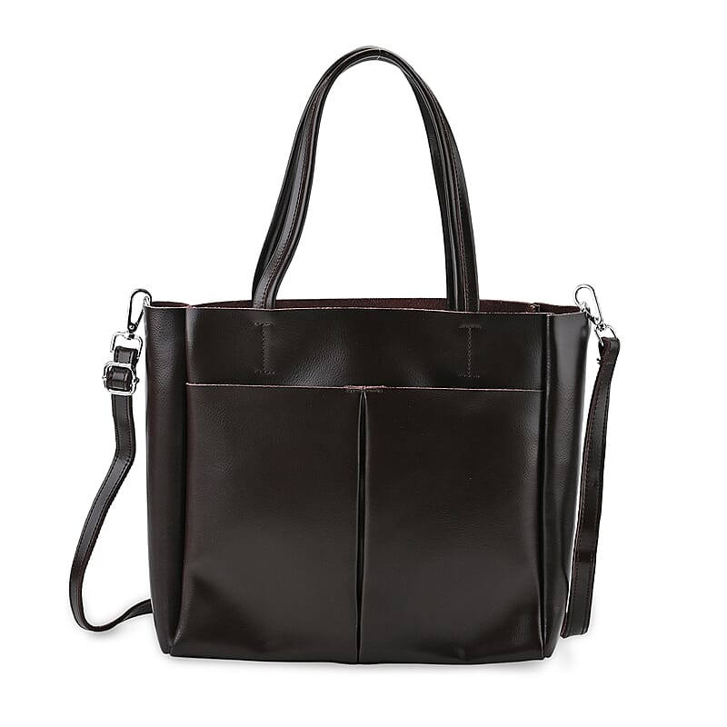 Brown Genuine Leather Tote Bag with Detachable Shoulder Strap