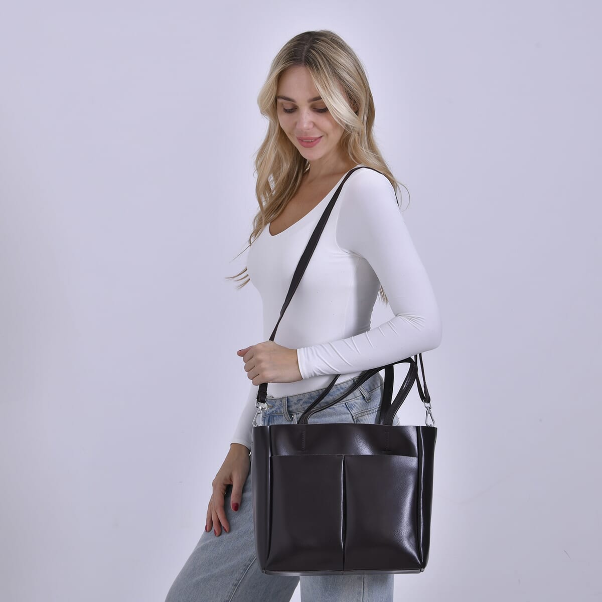 Closeout Deal Brown Genuine Leather Tote Bag (12.2"x5.1"x10.8") with Detachable Shoulder Strap image number 1