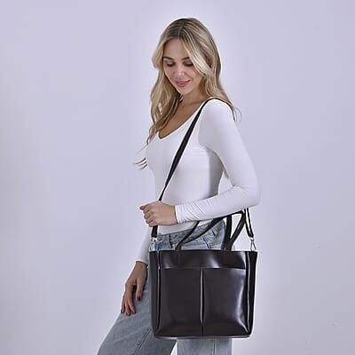Brown Genuine Leather Tote Bag with Detachable Shoulder Strap