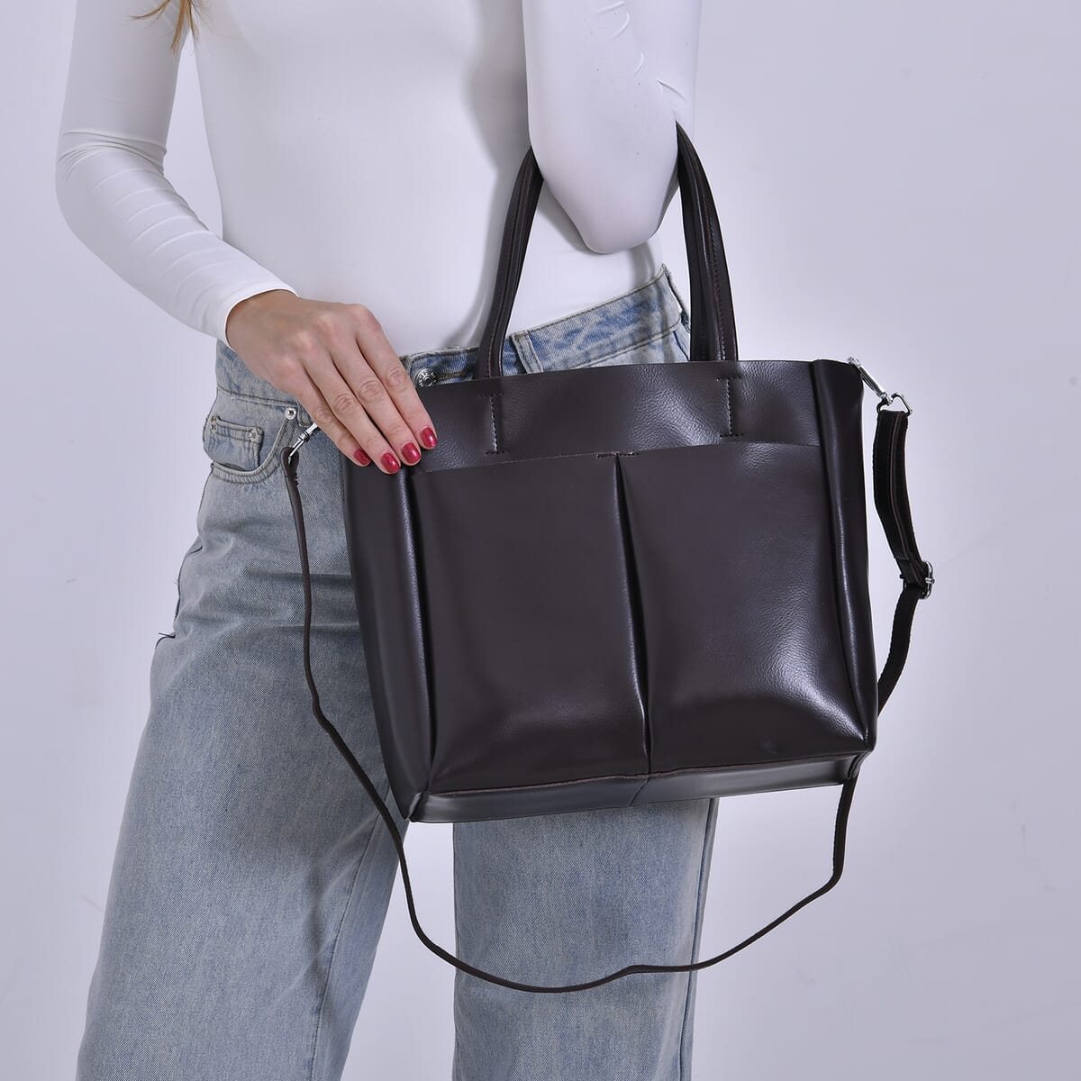 Closeout Deal Brown Genuine Leather Tote Bag (12.2"x5.1"x10.8") with Detachable Shoulder Strap image number 2