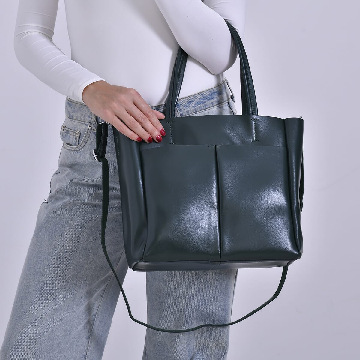 Closeout Deal Green Genuine Leather Tote Bag with Detachable Shoulder Strap image number 2
