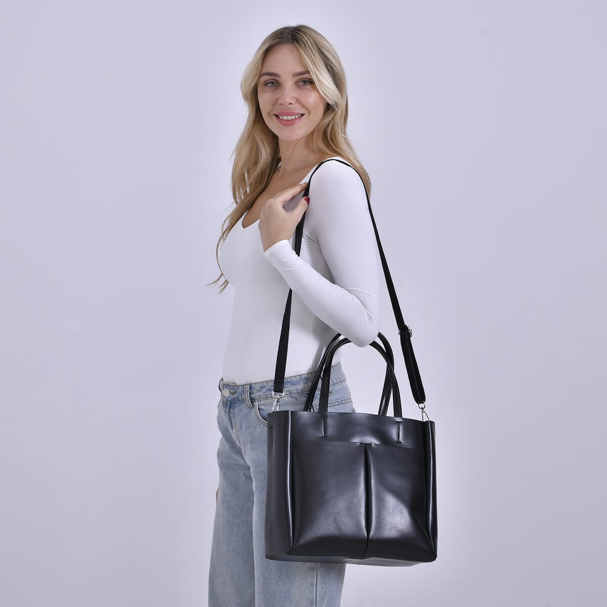 Closeout Deal Black Genuine Leather Tote Bag with Detachable Shoulder Strap image number 1