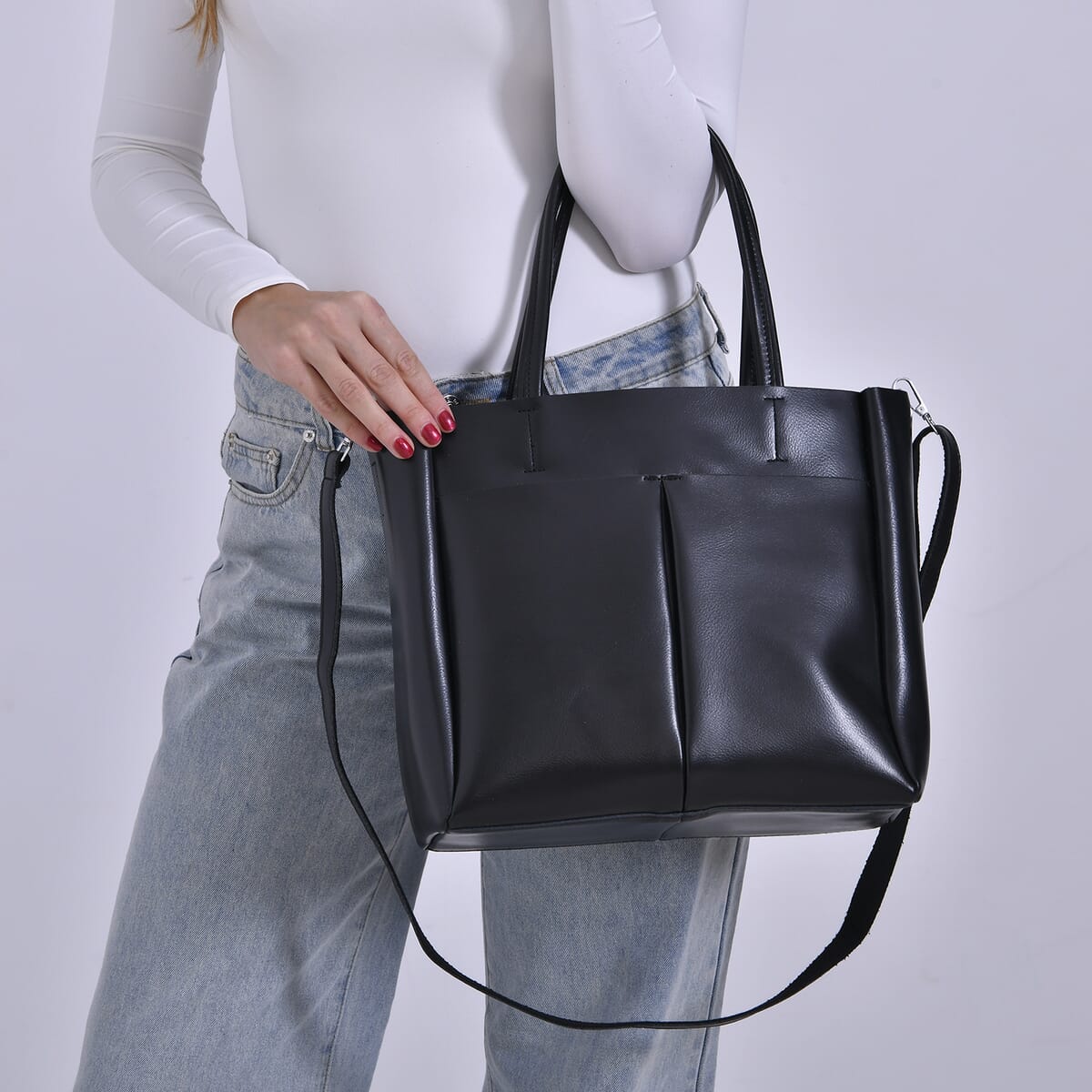 Closeout Deal Black Genuine Leather Tote Bag with Detachable Shoulder Strap image number 2