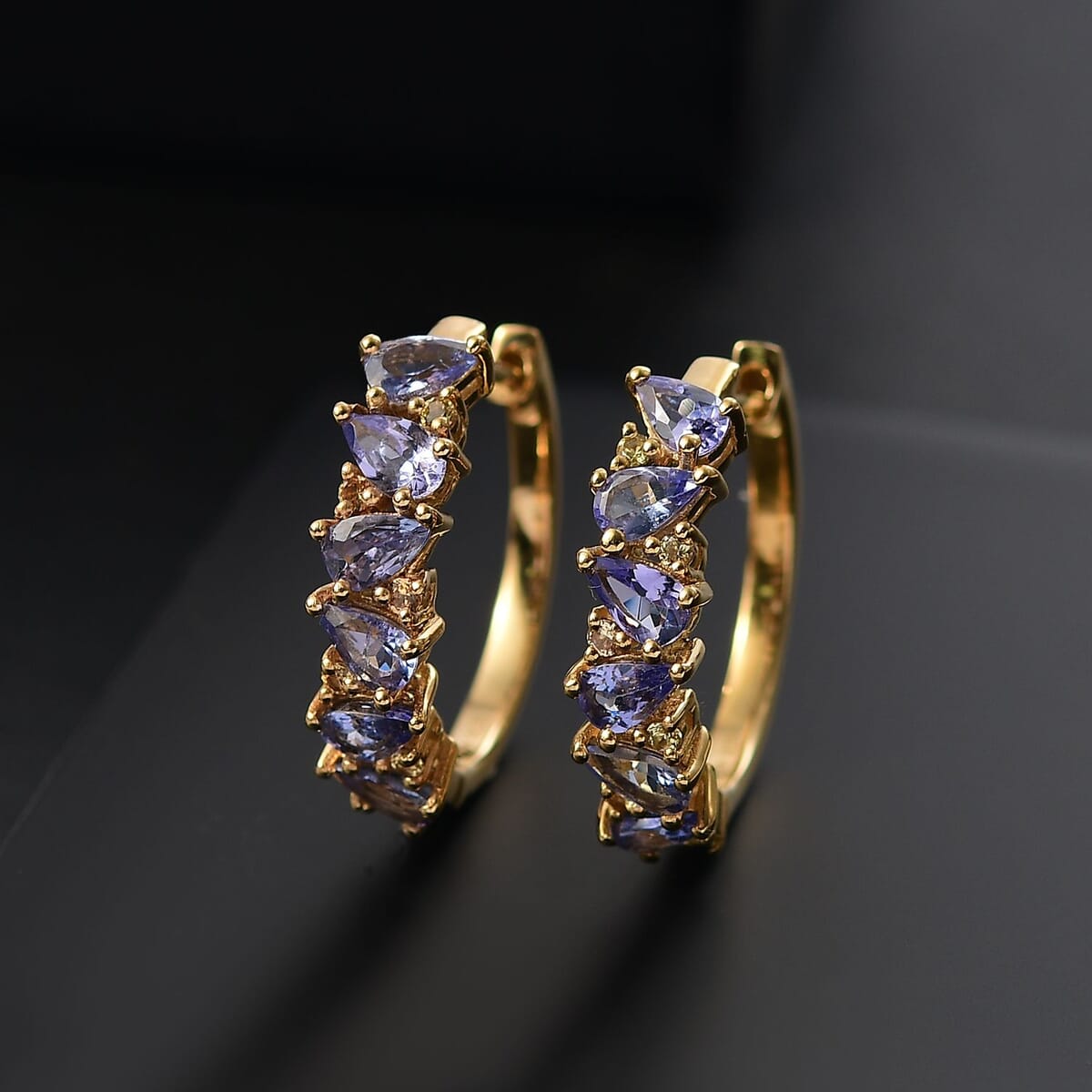 Tanzanite and Madagascar Yellow Sapphire 2.65 ctw Art Deco Earrings in 18K Vermeil Yellow Gold Over Sterling Silver image number 1