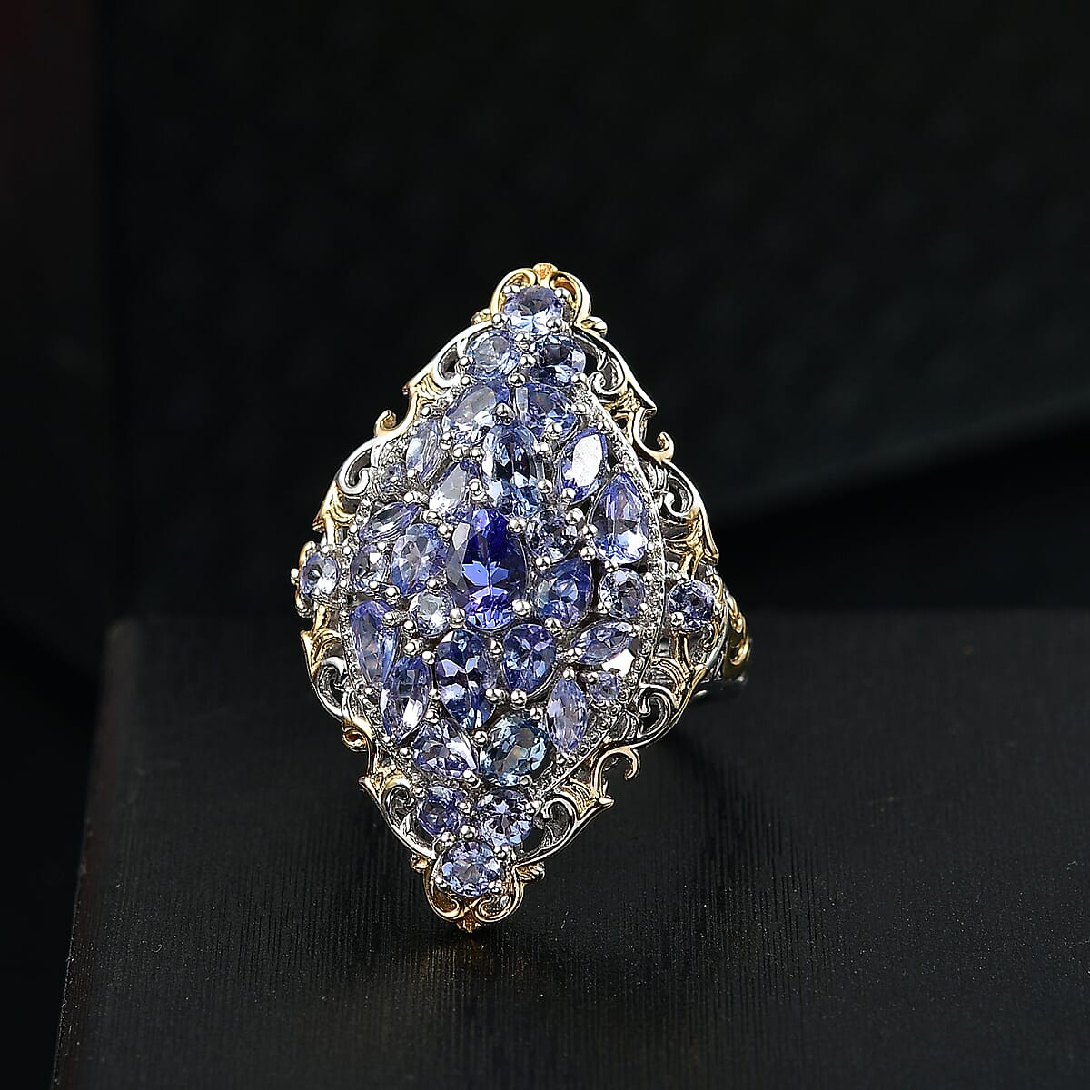 D'Joy Tanzanite 4.10 ctw Art Nouveau Ring in 18K Vermeil YG and Rhodium Over Sterling Silver (Size 9.0) image number 1