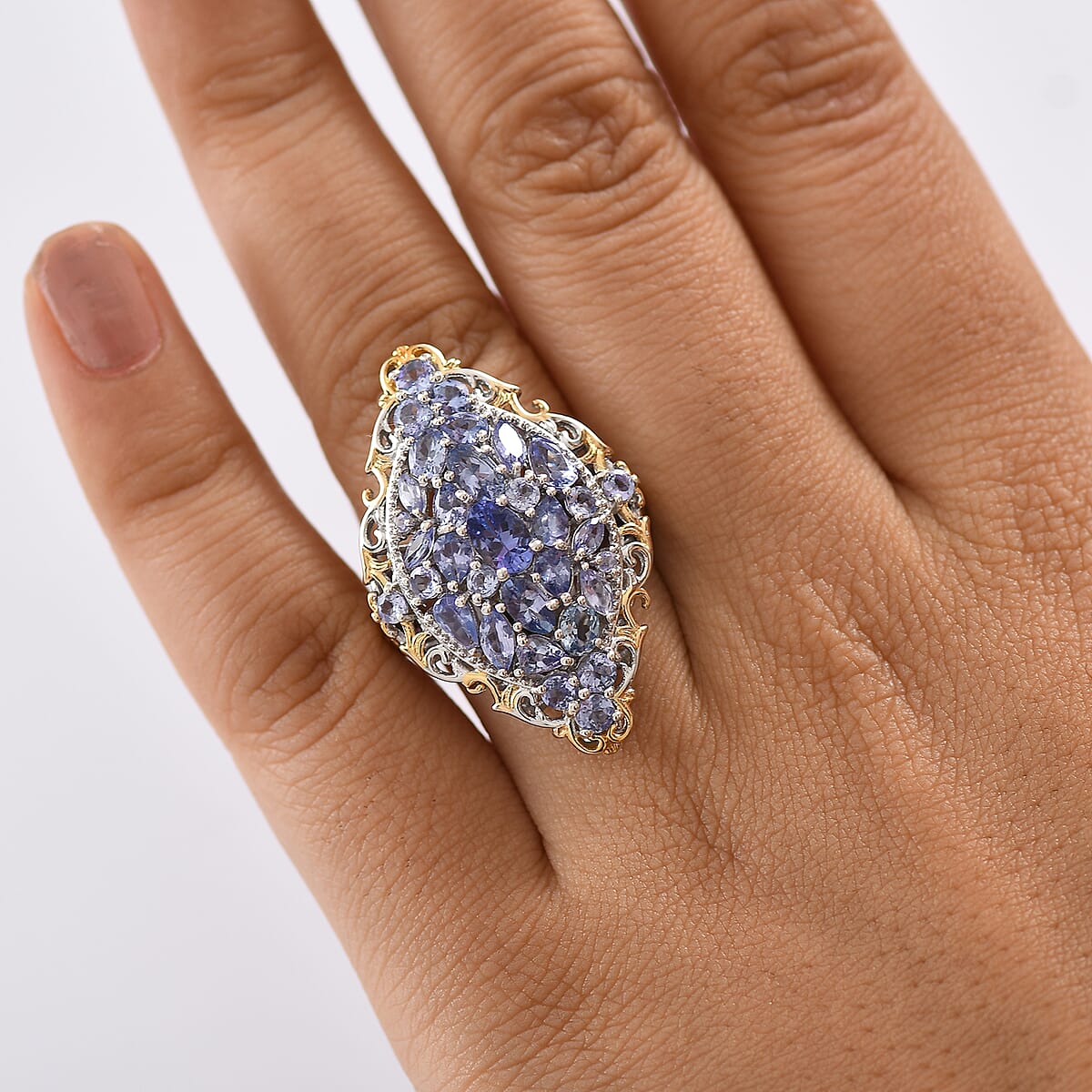 D'Joy Tanzanite 4.10 ctw Art Nouveau Ring in 18K Vermeil YG and Rhodium Over Sterling Silver (Size 9.0) image number 2