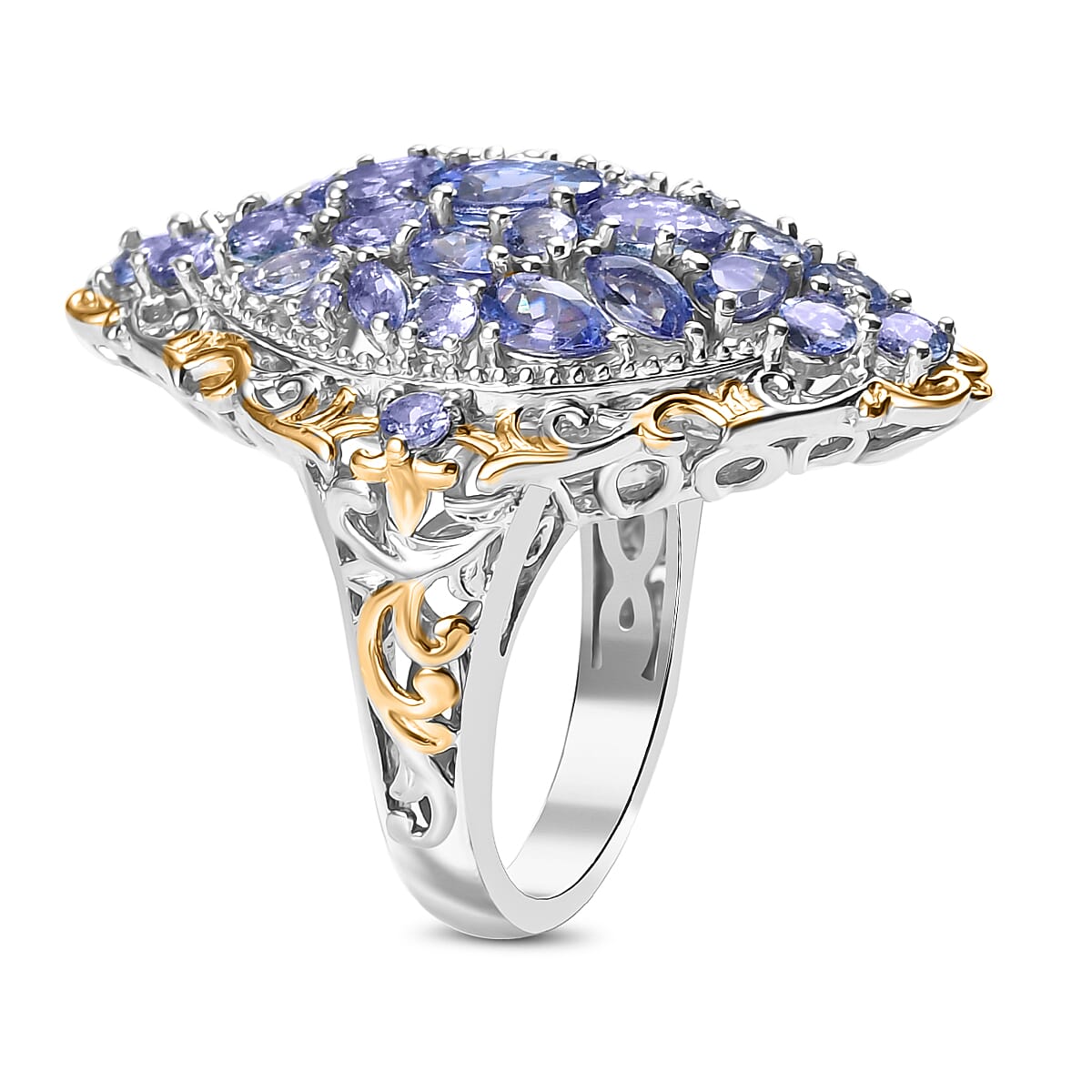 D'Joy Tanzanite 4.10 ctw Art Nouveau Ring in 18K Vermeil YG and Rhodium Over Sterling Silver (Size 9.0) image number 3