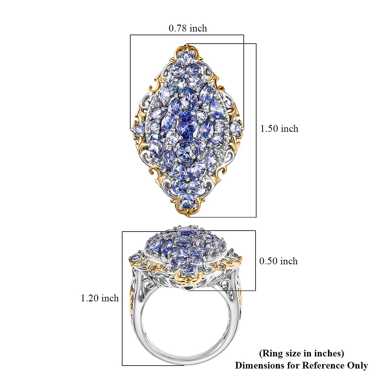 D'Joy Tanzanite 4.10 ctw Art Nouveau Ring in 18K Vermeil YG and Rhodium Over Sterling Silver (Size 9.0) image number 5