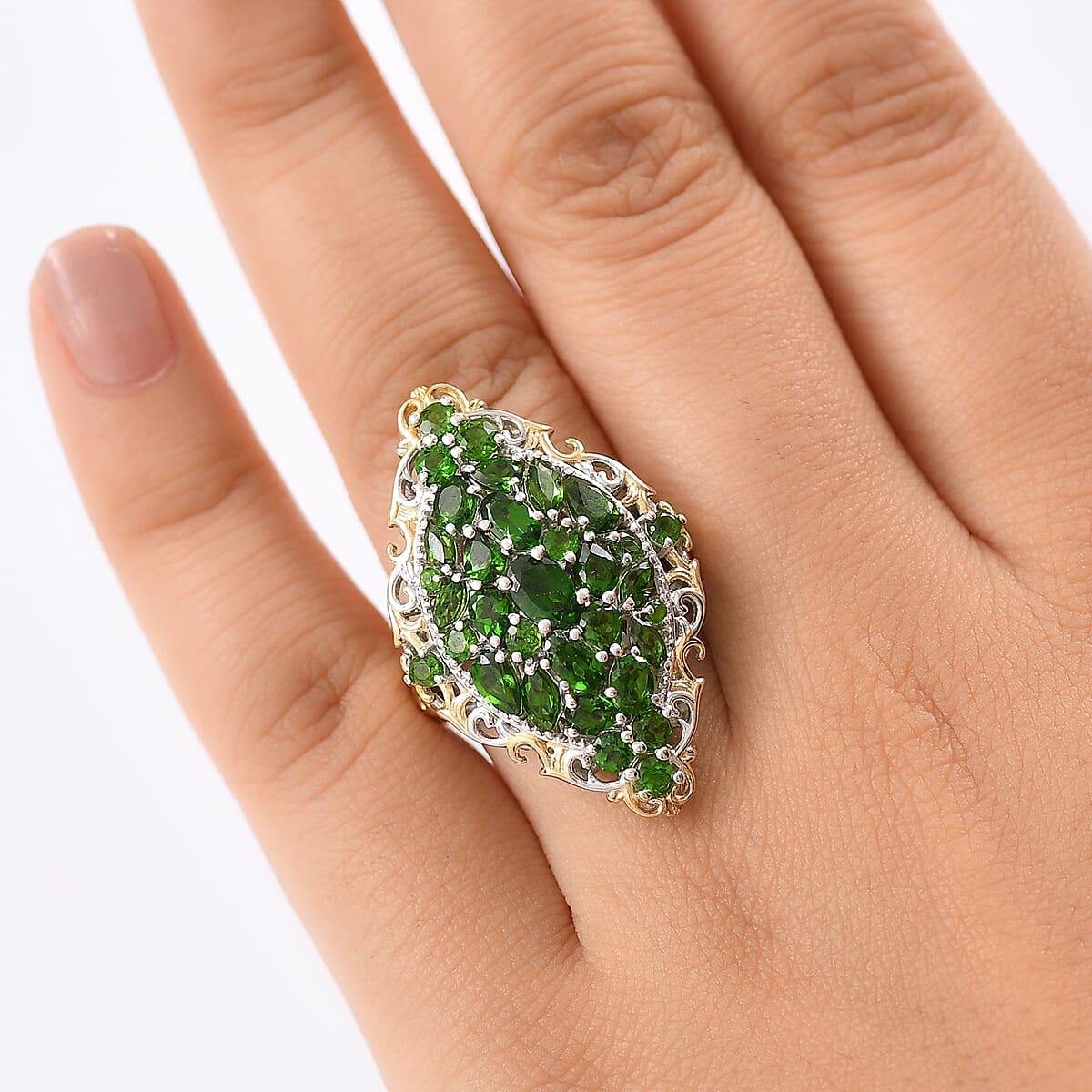 D'Joy Chrome Diopside 4.60 ctw Art Nouveau Ring in 18K Vermeil YG and Rhodium Over Sterling Silver (Size 8.0) image number 2