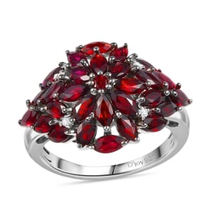 D'Joy Premium Anthill Garnet and White Zircon 2.85 ctw Crimson Bloom Ring in Rhodium Over Sterling Silver (Size 6.0)