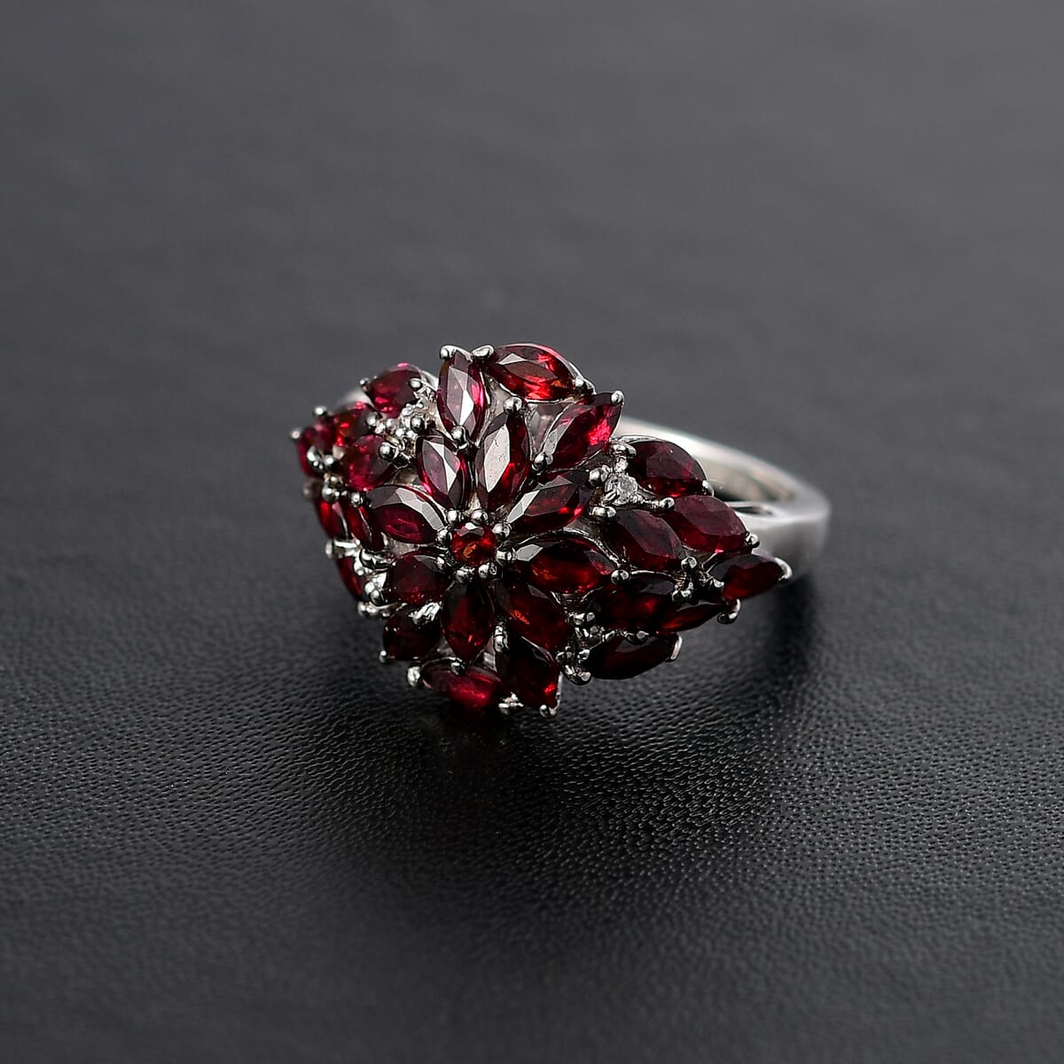 D'Joy Premium Anthill Garnet and White Zircon 2.85 ctw Crimson Bloom Ring in Rhodium Over Sterling Silver (Size 6.0) image number 1