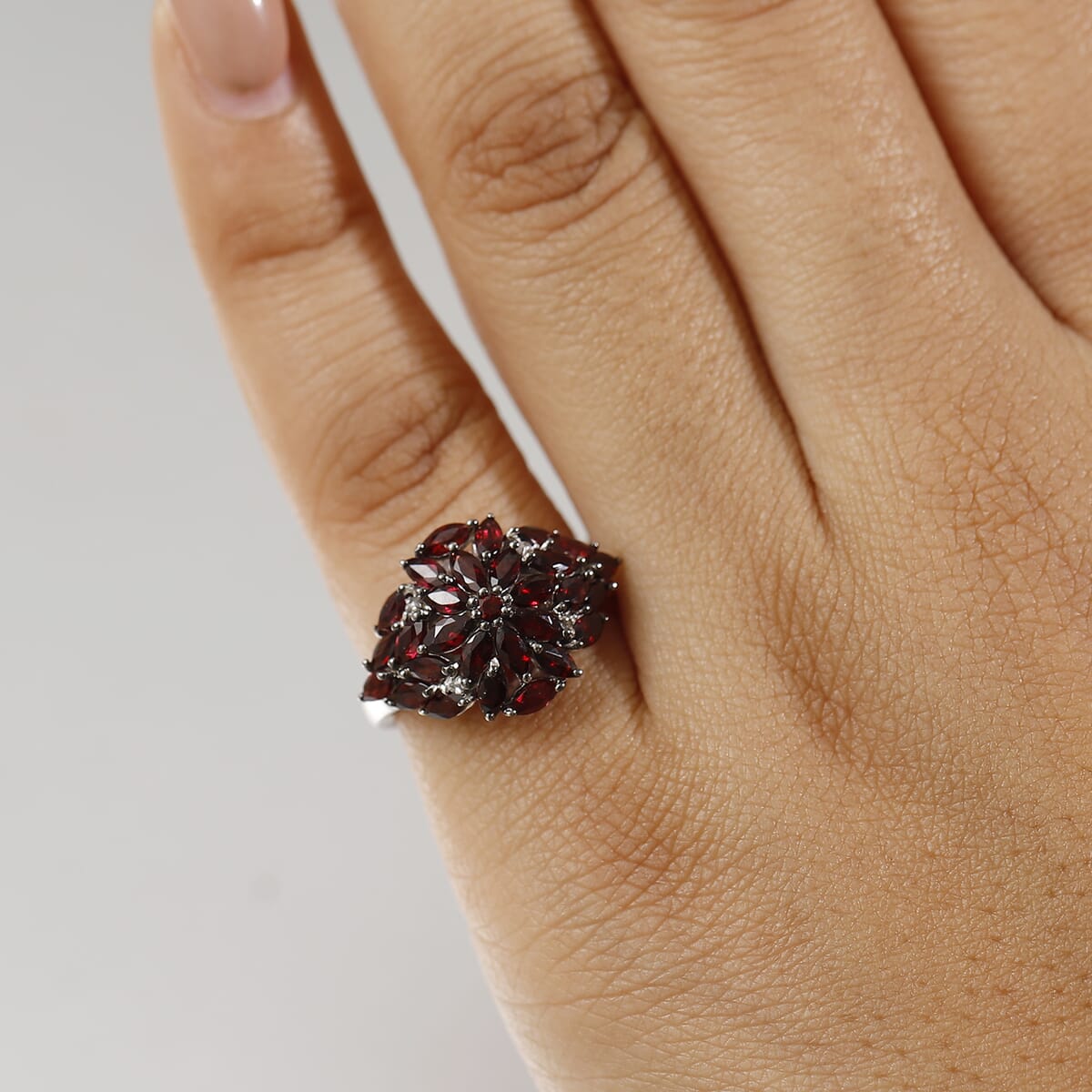 D'Joy Premium Anthill Garnet and White Zircon 2.85 ctw Crimson Bloom Ring in Rhodium Over Sterling Silver (Size 6.0) image number 2