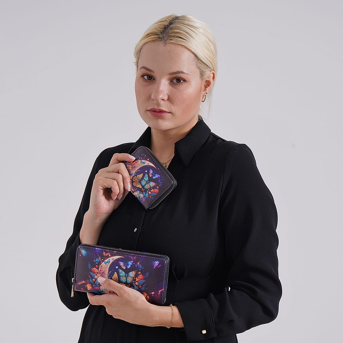 Set of 2 Moon and Butterfly Pattern Long Wallet and Small Wallet image number 1