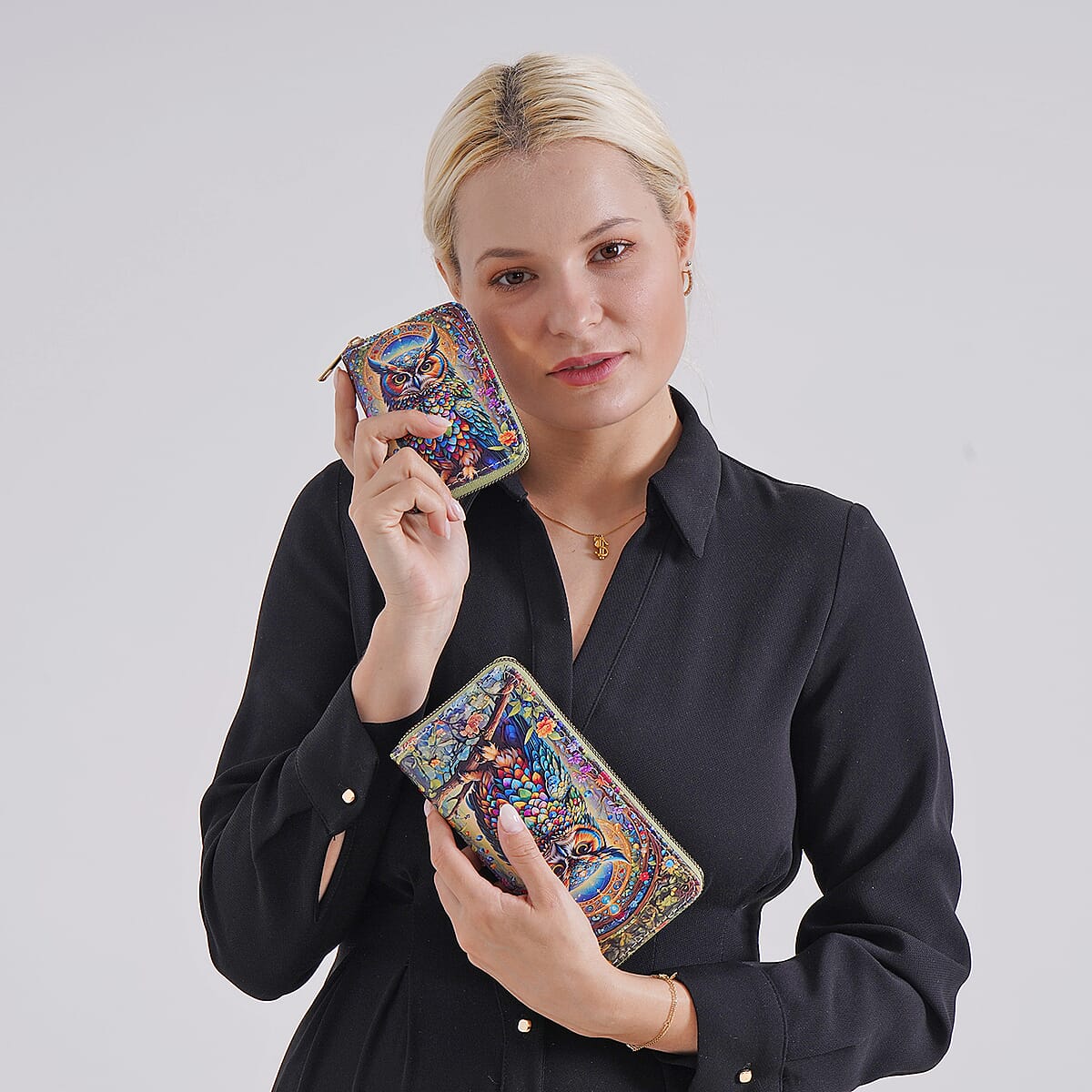 Set of 2 Owl Pattern Long Wallet and Small Wallet image number 1