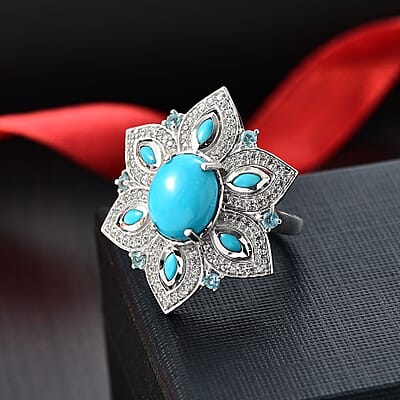 Sleeping Beauty Turquoise and White Zircon 5.53 ctw Ring in Rhodium Over Sterling Silver (Size 11.5) (7.2 g)